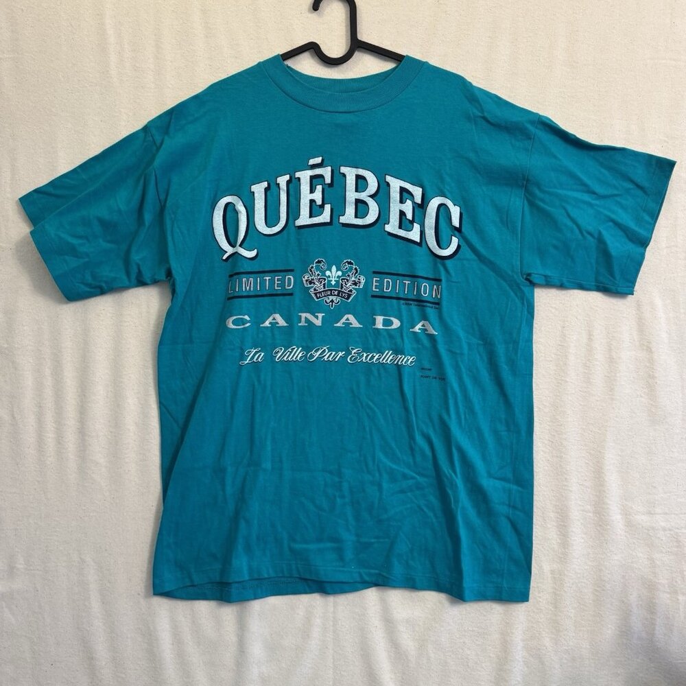 Vintage 80s 90s Teal Quebec Canada Single Stitch Graphic T-Shirt Large